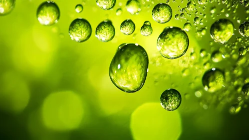 Emerald droplets drift like little planets in lush light