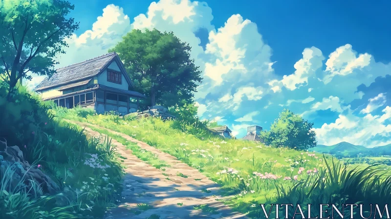 Country hillside house stands beside winding dirt path