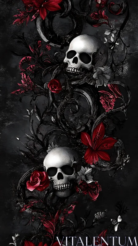 Crimson blossoms curl around twin skulls in velvet shadow