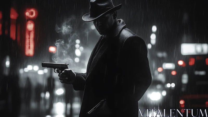 Noir gunman in rain-soaked neon city, cinematic chiaroscuro.