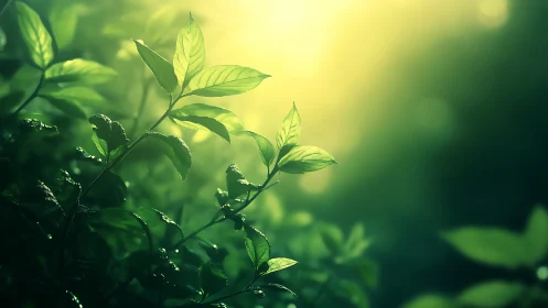 Sunlit Green Leaves in Nature, Soft Focus Botanical Photography.