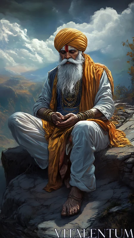 Mountain mystic in saffron robes under dramatic skies.