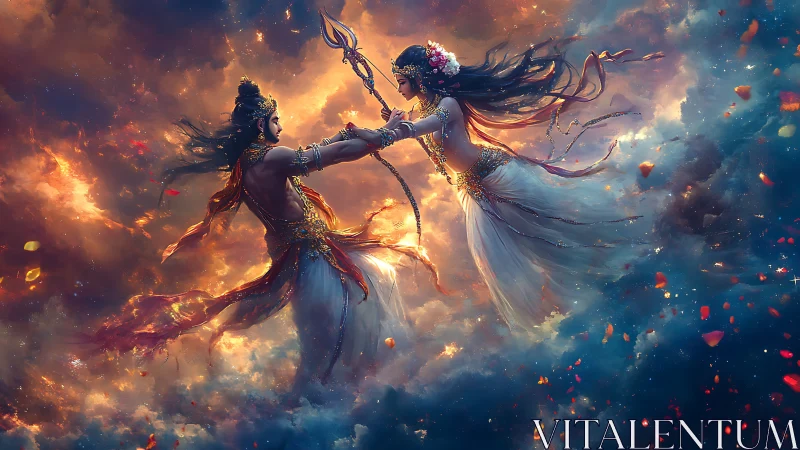 Mythic dual figures in luminous atmospheric cloud vortex.