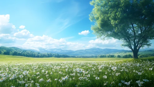 Sunlit meadow of whispering daisies under sapphire skies.