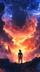 Volcanic energy confrontation under colossal spectral avatar.