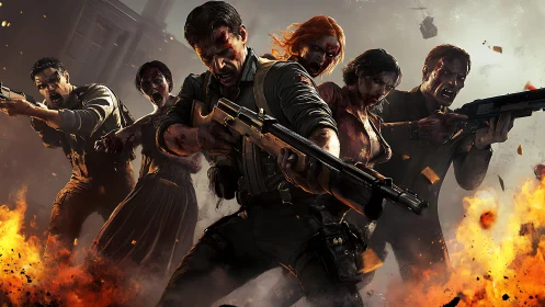 Heavily armed survivors advance through burning zombie battlefield with grit