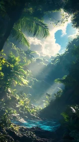 Sunlit jungle pool glowing beneath a peaceful green canopy.