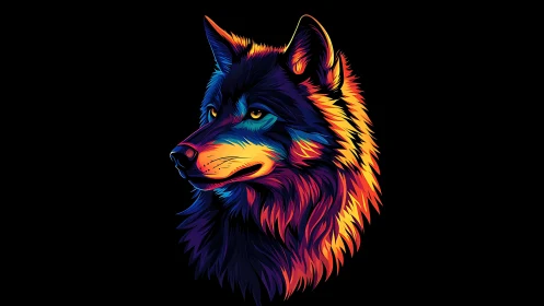 Neon gradient wolf portrait on black minimalist background.