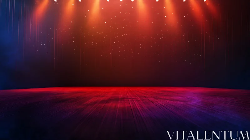 Empty stage under warm spotlights with red lit floor.