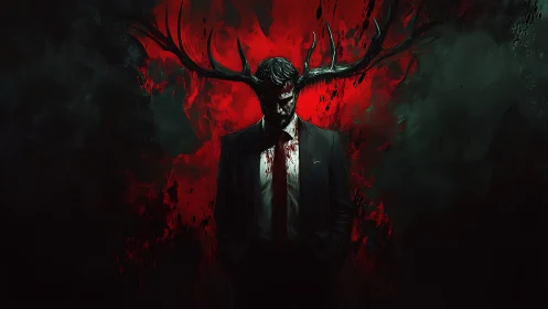 Bloodied suited figure with stag antlers framed by red halo field