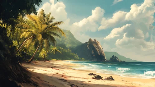 Tropical Coastline with Verdant Mountain Formations, Palm Vegetation. Digital Rendering.