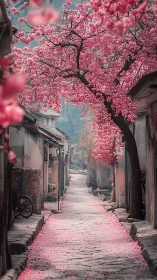 Quiet stone lane under a dreamy canopy of pink blossoms.