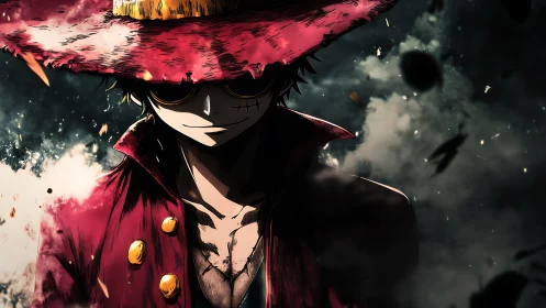 Mysterious red-coated wanderer in smoky, stormy shadows.