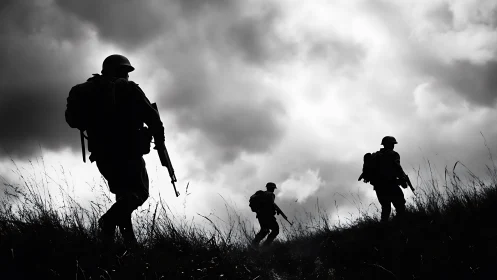 Soldiers silhouette patrol under storm-laden battlefield sky.