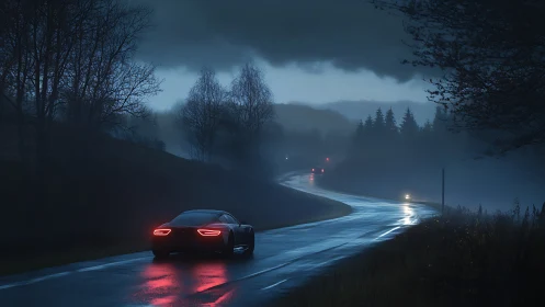 Midnight rain drive along a quiet winding forest road.