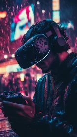 VR gamer in neon city rain with controller and headset.