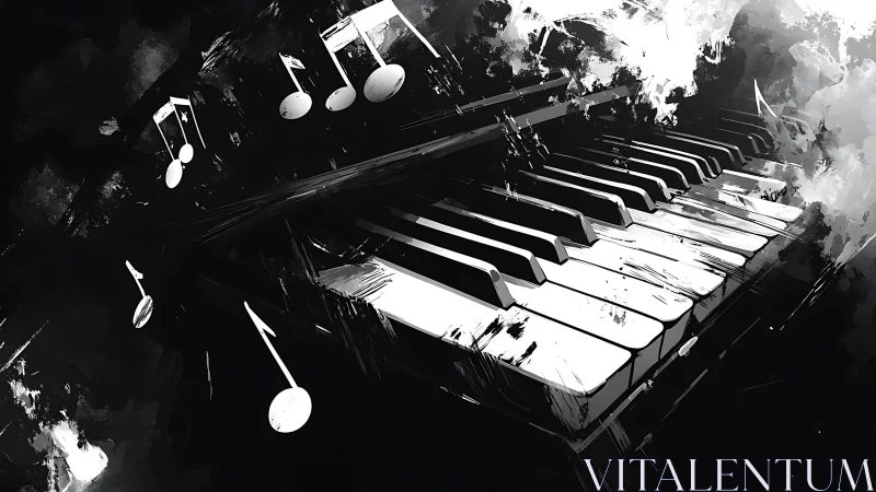 Storm of piano notes swirling through bold monochrome night.