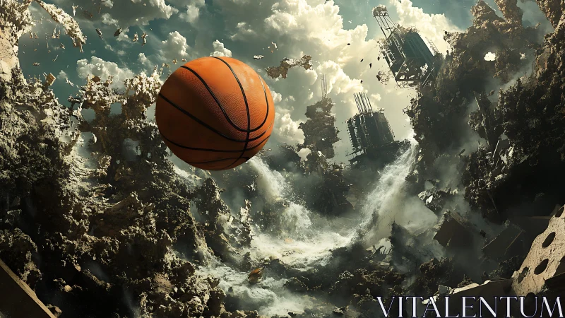 Cosmic basketball drifts through storm-torn shattered world.