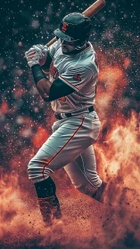 Baseball batter in dynamic swing amid stylized dust cloud