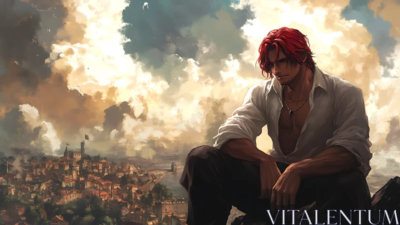 Solitary red-haired warrior overlooks sunlit coastal citadel