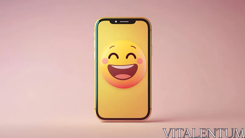 Smiling emoji icon centered on smartphone over pastel field.