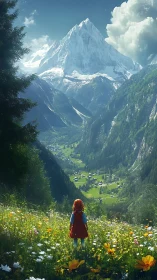 Red-clad child overlooking sunlit alpine valley panorama.
