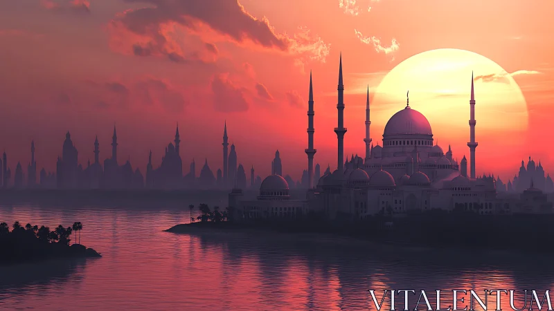 Majestic domed city glows softly against a serene sunset sky