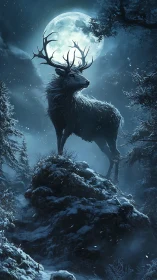 Lunar-lit stag on winter crag in dramatic vertical composition.