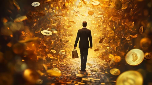 Golden crypto corridor welcoming a confident dreamer.
