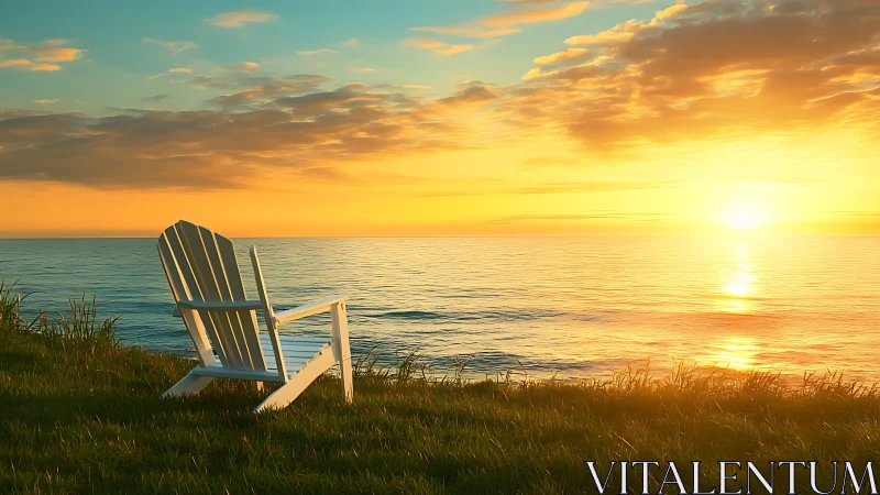Single white chair facing calm ocean sunset horizon.