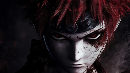 Intense red haired anime warrior portrait in shadow.