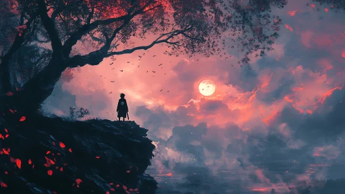 Digital painting of lone cloaked figure on scarlet cliff at dusk.