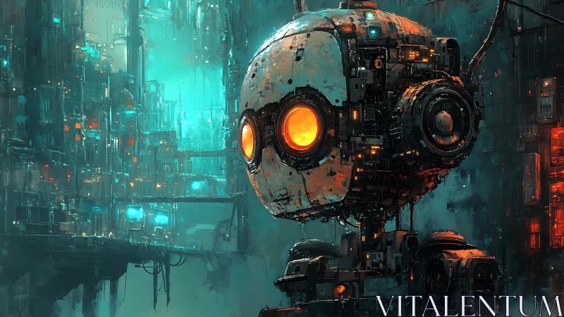 Orb-eyed robot sentinel glows through teal cyber fog.