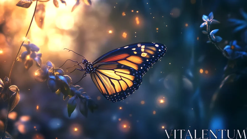 Monarch butterfly hovers in glowing blue forest dusk light