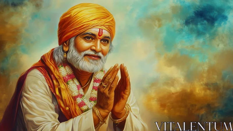 Devotional Indian elder in folded hands pose, warm aura