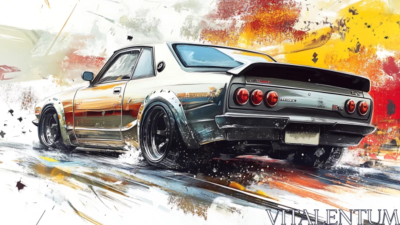 Retro drift legend streaks through splashed sunset speedscape.