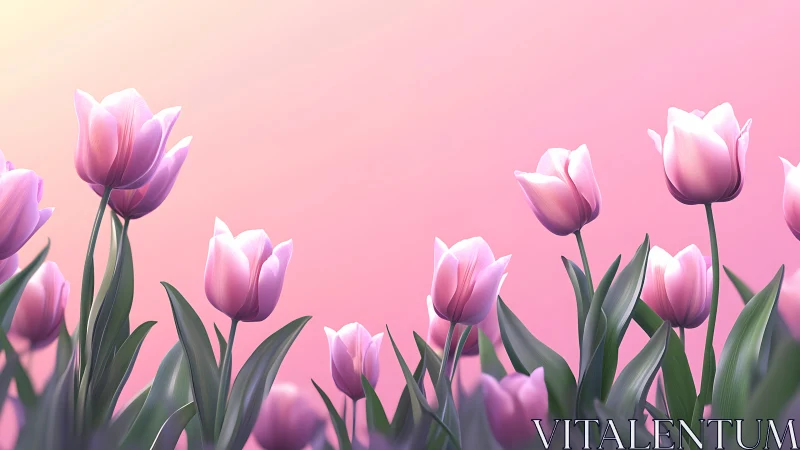 Pink Tulips Against Gradient Sky: Botanical Rendering Study. Digital.