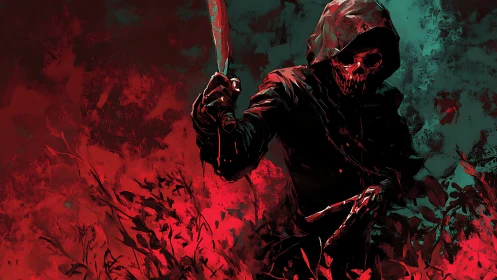 Hooded skeletal killer brandishes bloodied knife in high-contrast duotone