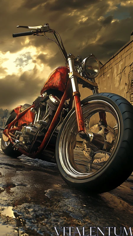 Custom chopper motorcycle gleams under stormy sunset sky