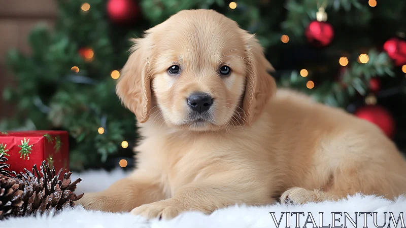 Golden retriever puppy resting amid soft Christmas décor