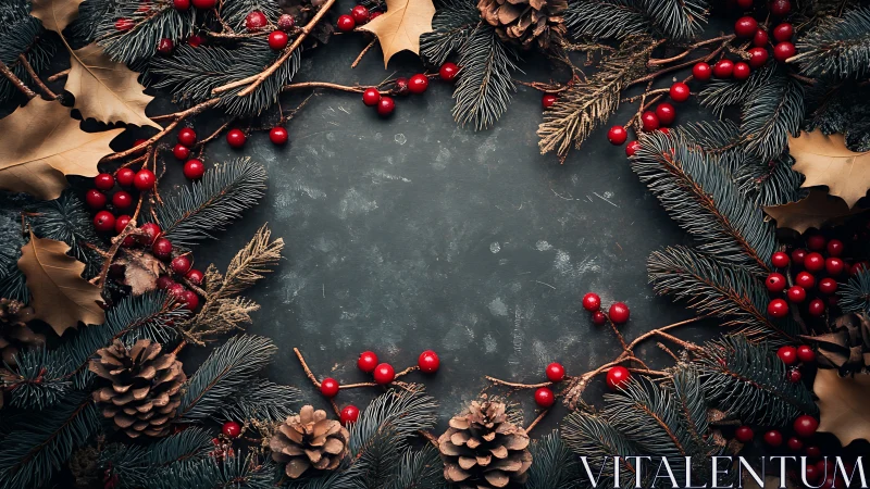 Flat lay Christmas wreath border with pine, berries, slate backdrop