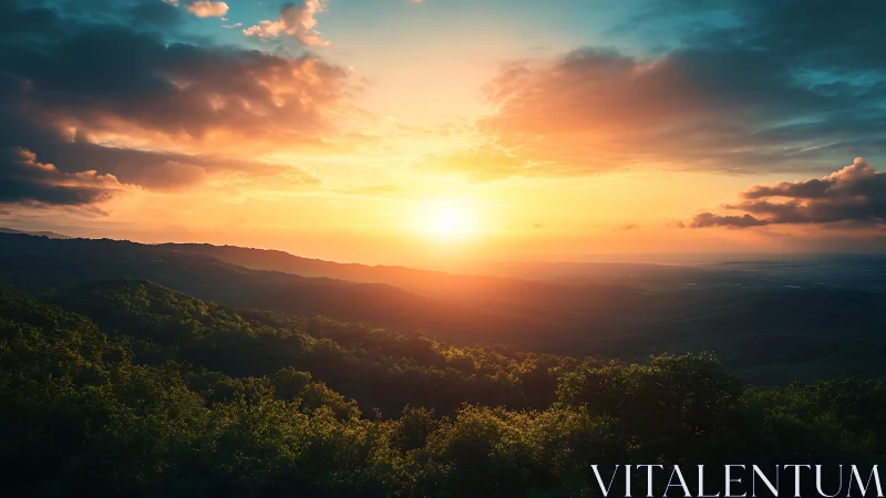 Golden sunrise over calm rolling hills and soft forests.