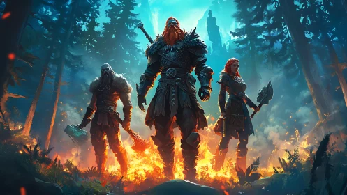Viking warriors stand amid burning forest in blue twilight