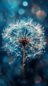 Macro dandelion seed head with dew in cool bokeh lighting