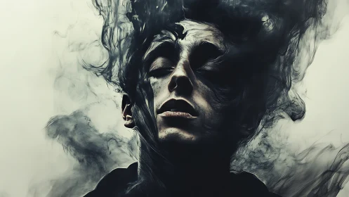 Dreamer emerging from swirling shadows and drifting smoke.