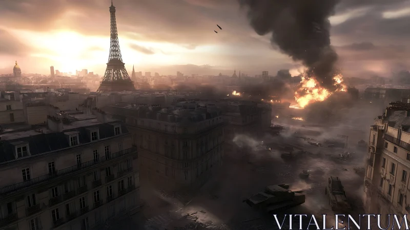 Sunset over Paris caught between beauty and destruction.