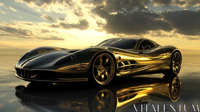 Gold reflective sports car is rendered on wet reflective surface