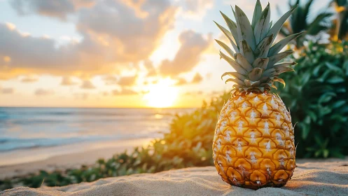 Golden ripe pineapple on sunlit tropical beach at sunset
