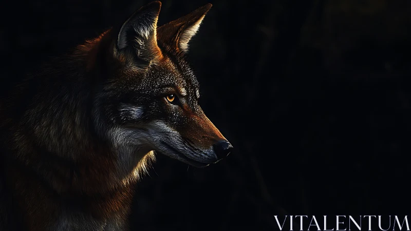 Ember eyed coyote poised on the edge of shadowed silence.