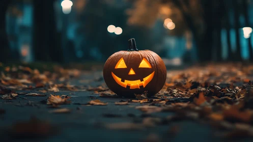 Lantern grin glows along a leaf-strewn Halloween pathway.